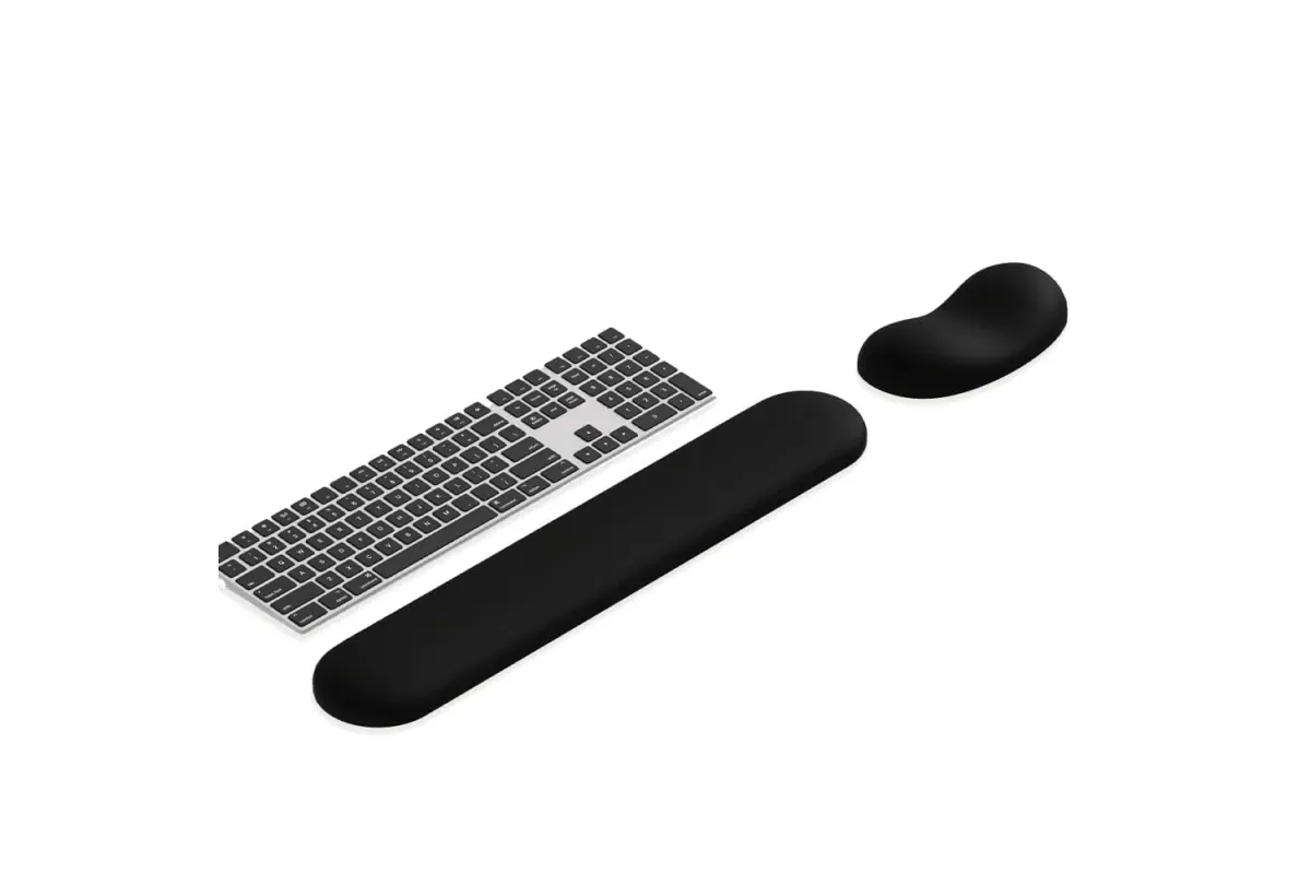 DEMON CHEST Luxe Black set shown in a catalog photograph, with a long keyboard rest and separate contoured mouse rest