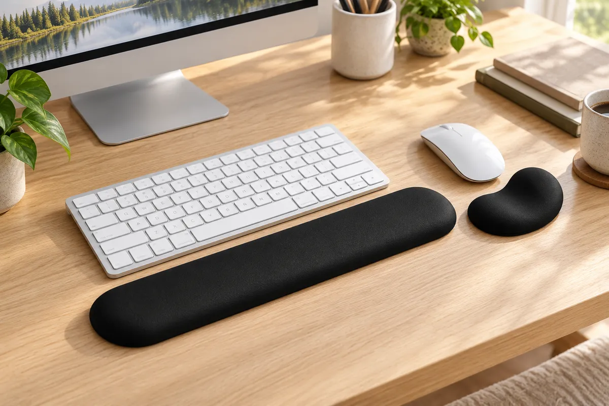 DEMON CHEST Luxe Black keyboard wrist rest and separate contoured mouse palm rest beside a white keyboard.