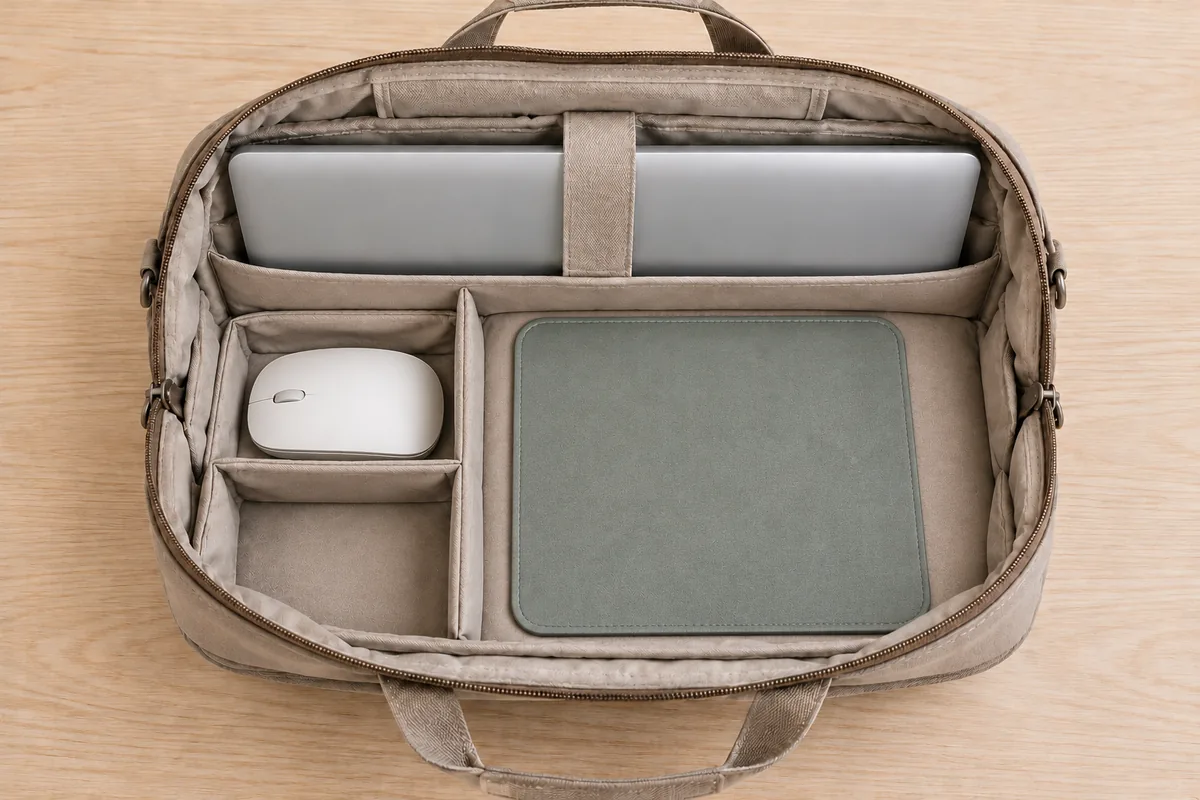 Mouse pad and travel accessories organized beside an open laptop bag