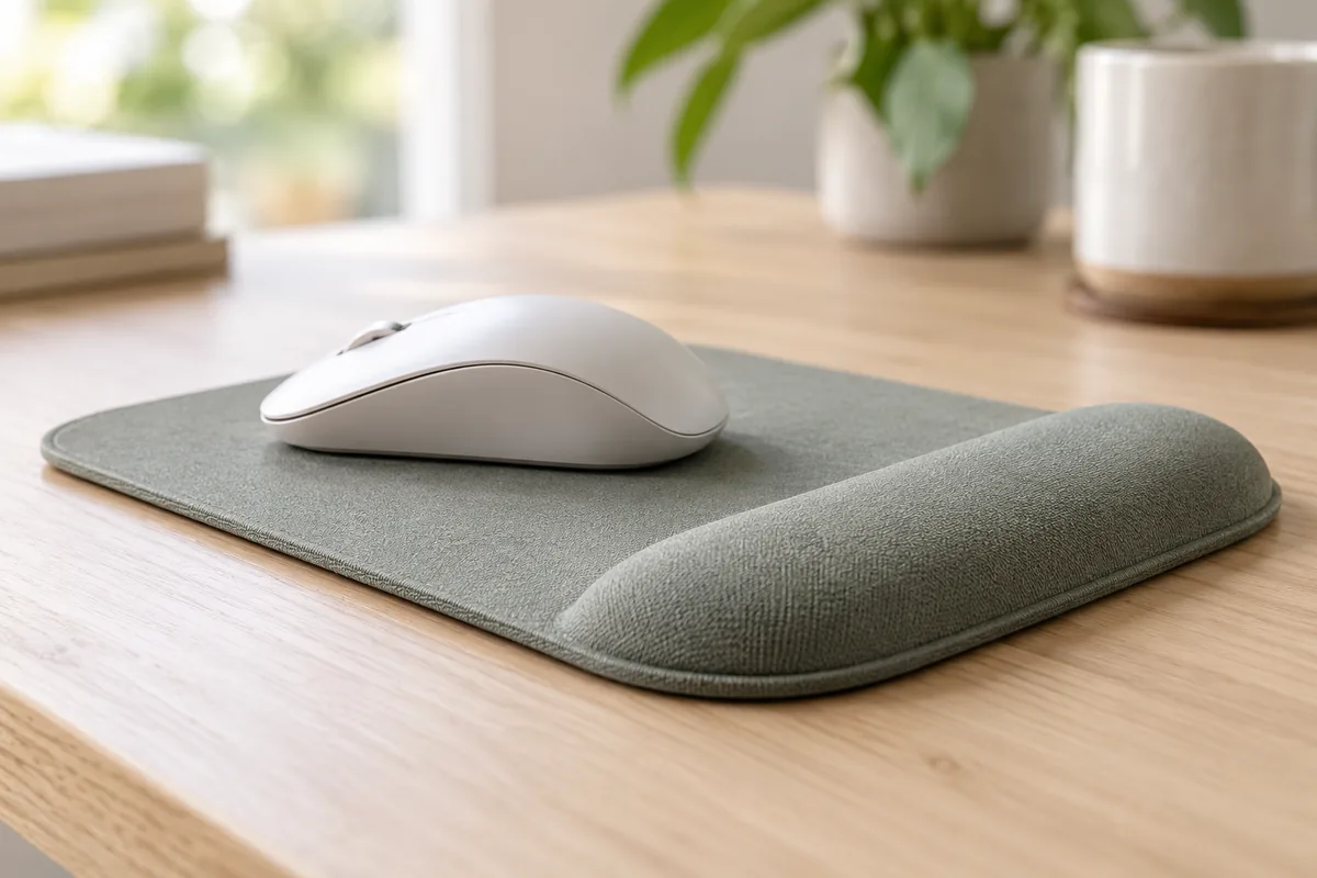 Side view of a mouse and a rounded support on a desk
