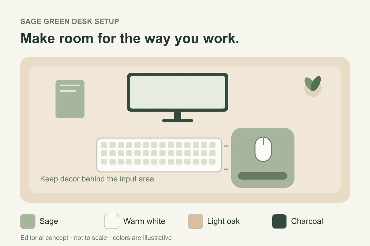 Top-down desk concept with a sage mouse pad beside a central keyboard and a four-color palette